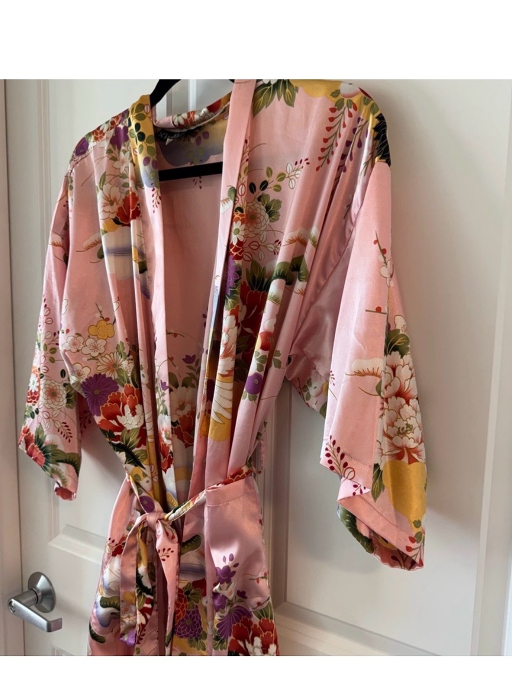 Pink Floral Satin Kimono Robe with Tie Waist